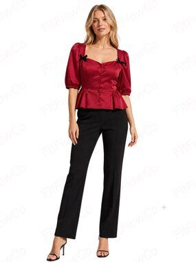 LUSH Wine Satin Peplum Top Size S NWT Puff Sleeve Bow Blouse